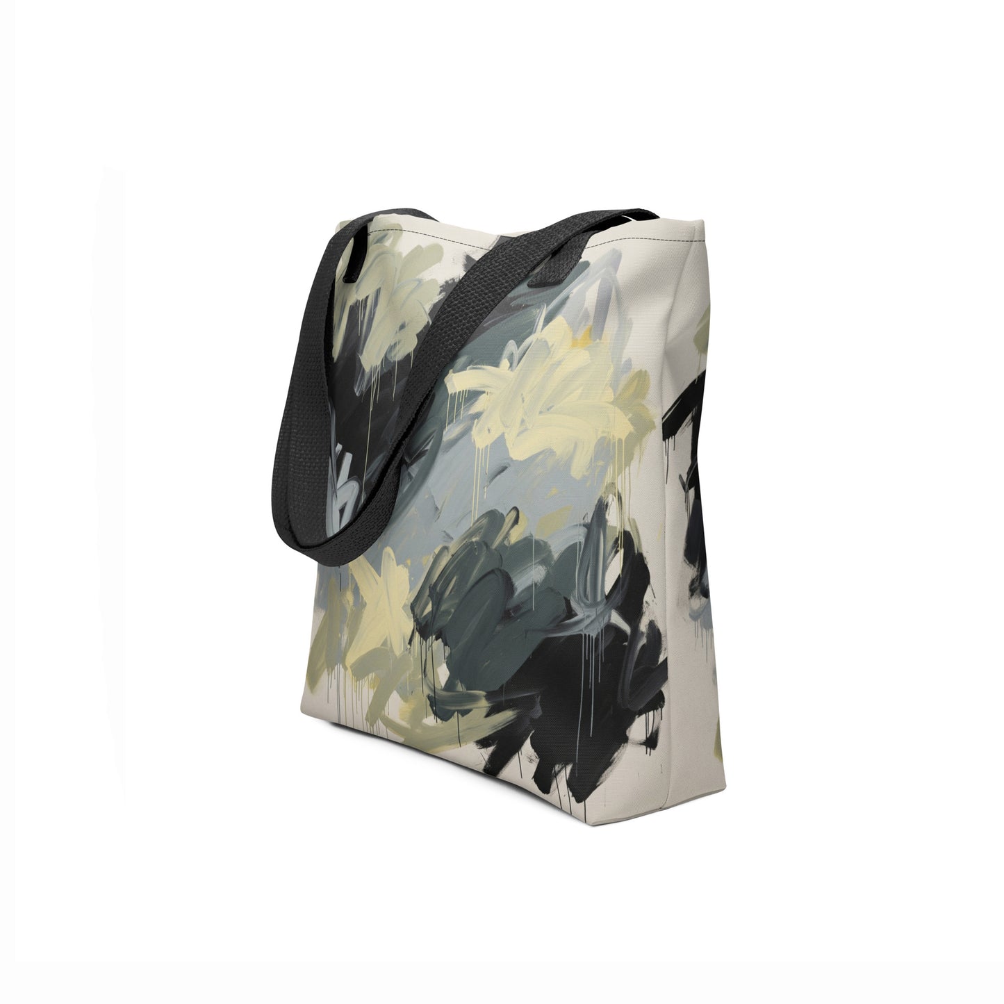 Side-view of TASHAU Star Brush Tote Bag with abstract pattern.