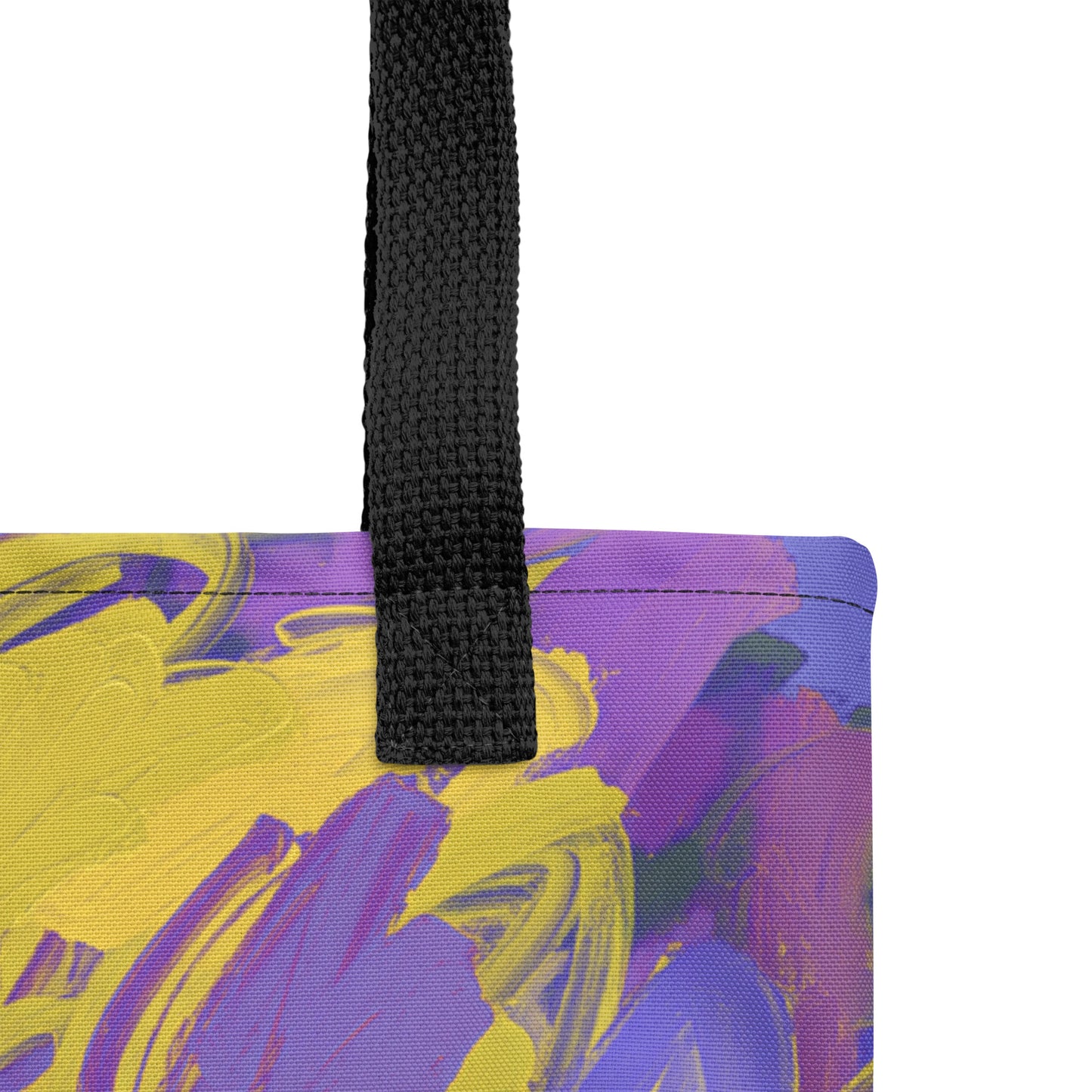 Unique Wild Iris shopper tote with vibrant purple-yellow floral energy.