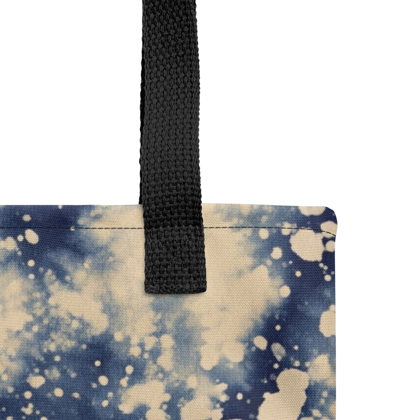 Eco-friendly Desert Nightfall beach tote bag design with artistic navy and beige pattern, lightweight and versatile by TASHAU.