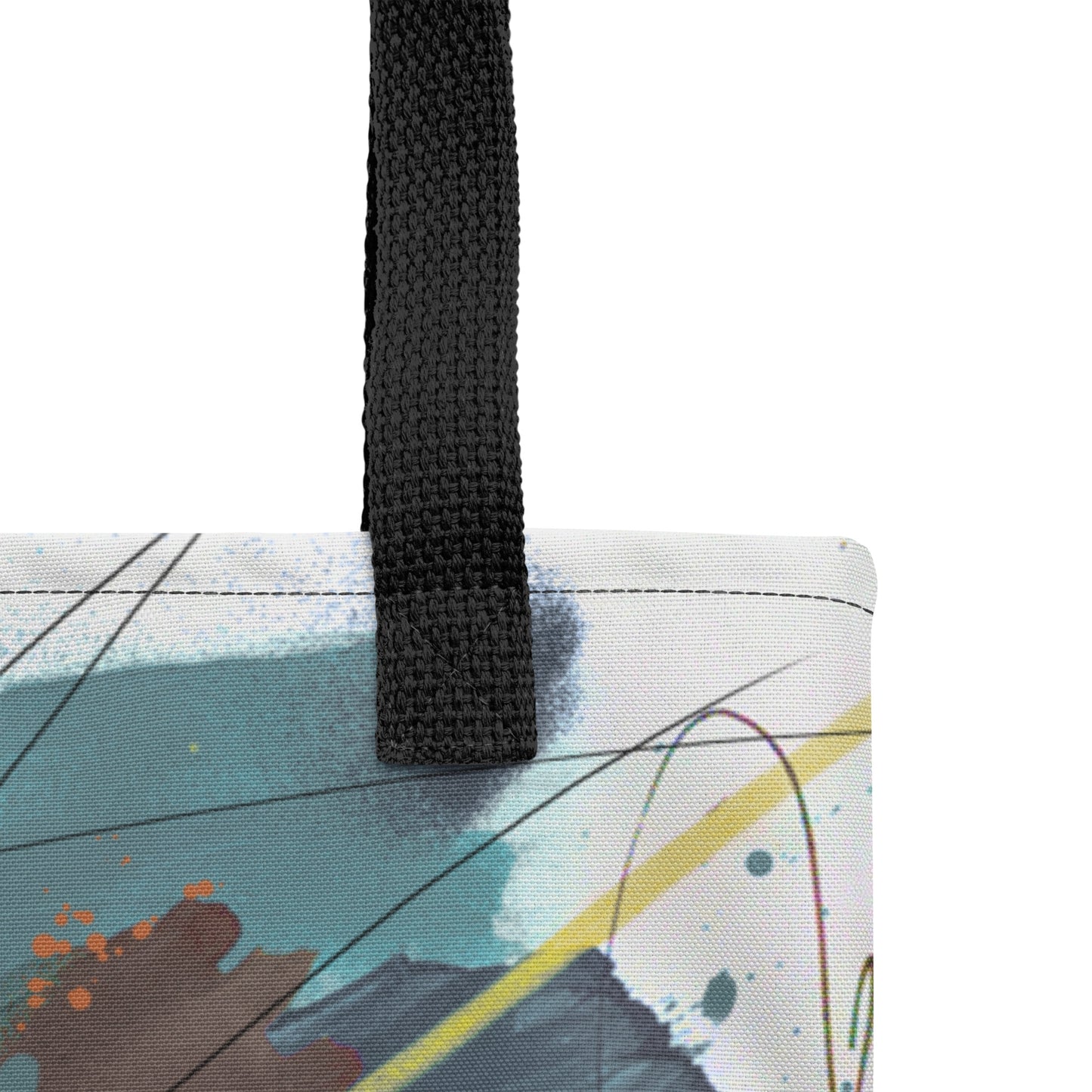 Abstract graffiti-style tote shopper in violet purple, teal green, and earthy brown accents.