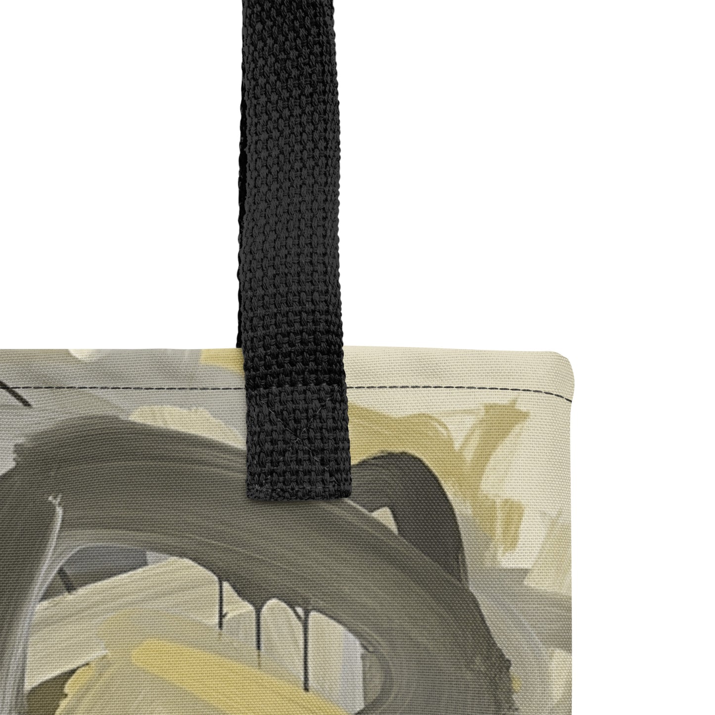 Abstract tote bag with earthy color palette of khaki, olive green, and yellow accents.