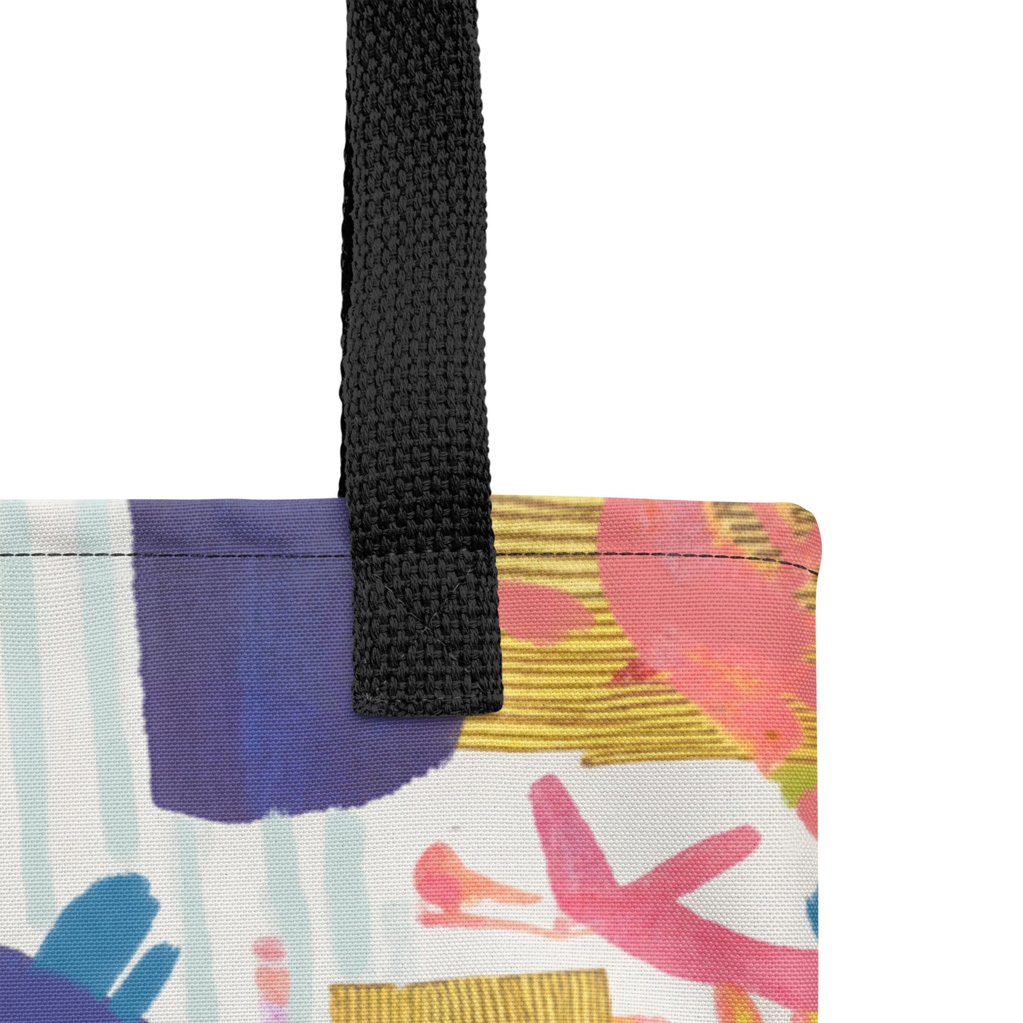 Artistic shopper bag with sunshine yellow, electric blue, and coral red details on a cream base – TASHAU fashion tote.