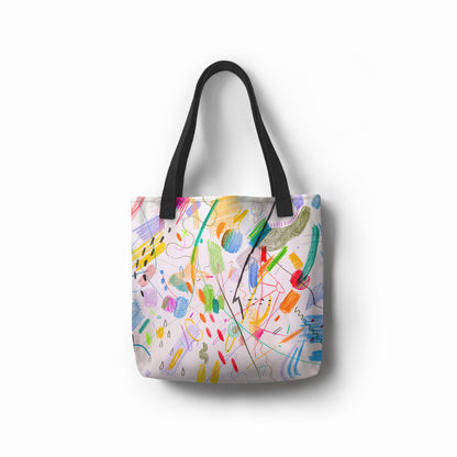 Tote bag with colorful abstract design by TASHAU on a white background.