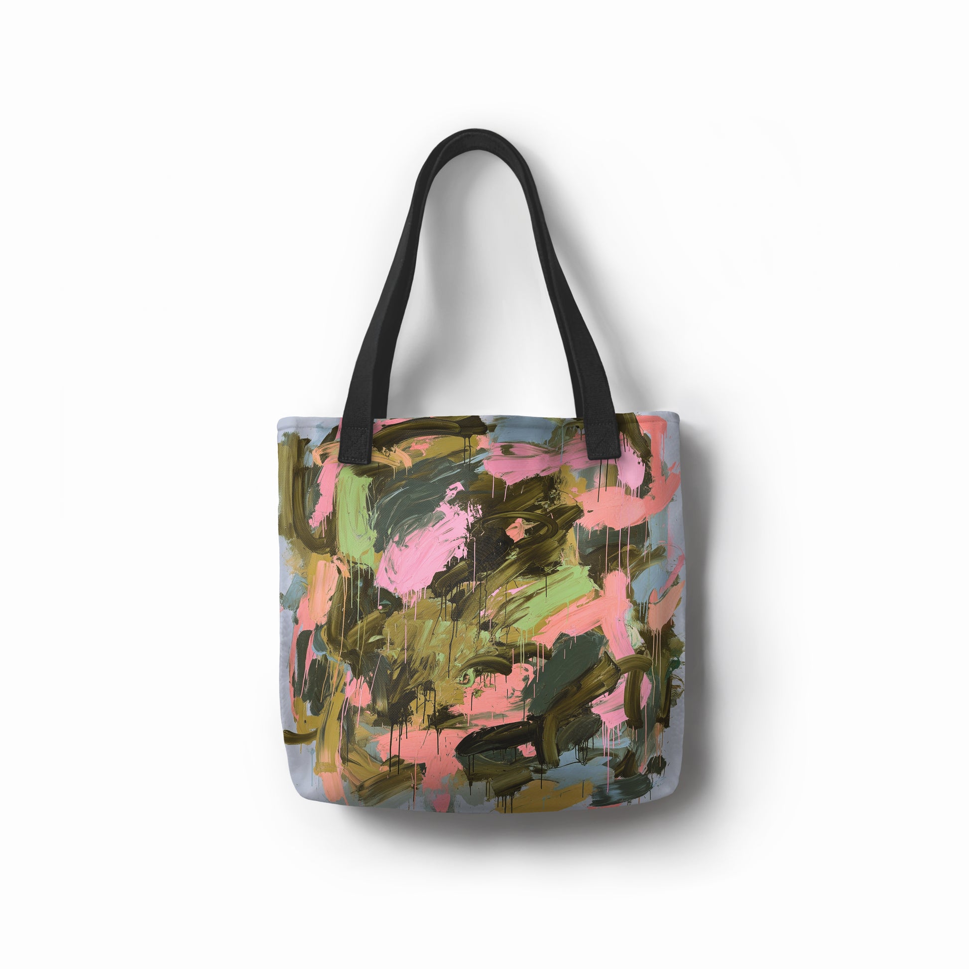 Artistic brushstroke pattern on Botanic Brush tote bag in olive green and blush pink tones.