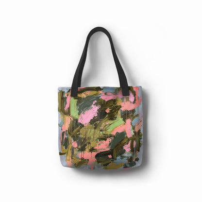 Artistic brushstroke pattern on Botanic Brush tote bag in olive green and blush pink tones.