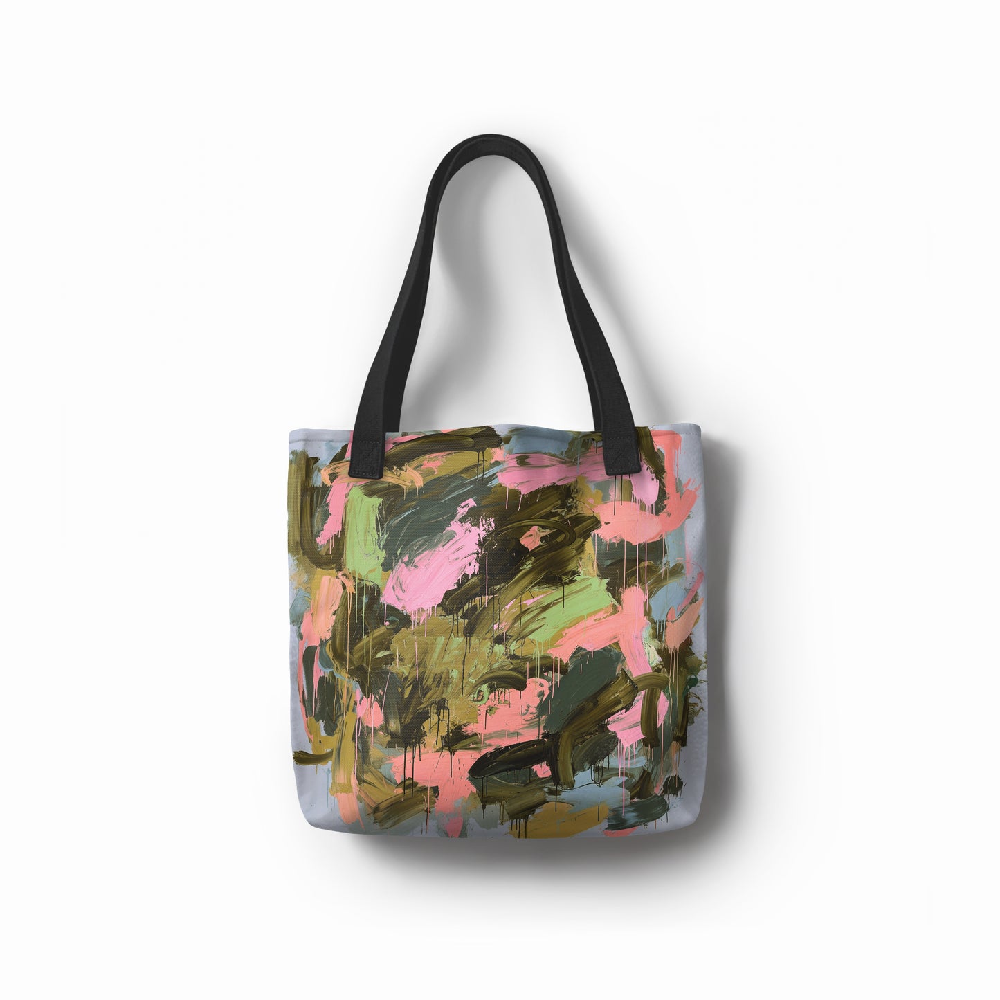 Front view of Botanic Brush tote bag with abstract olive green and blush pink brushstroke design.