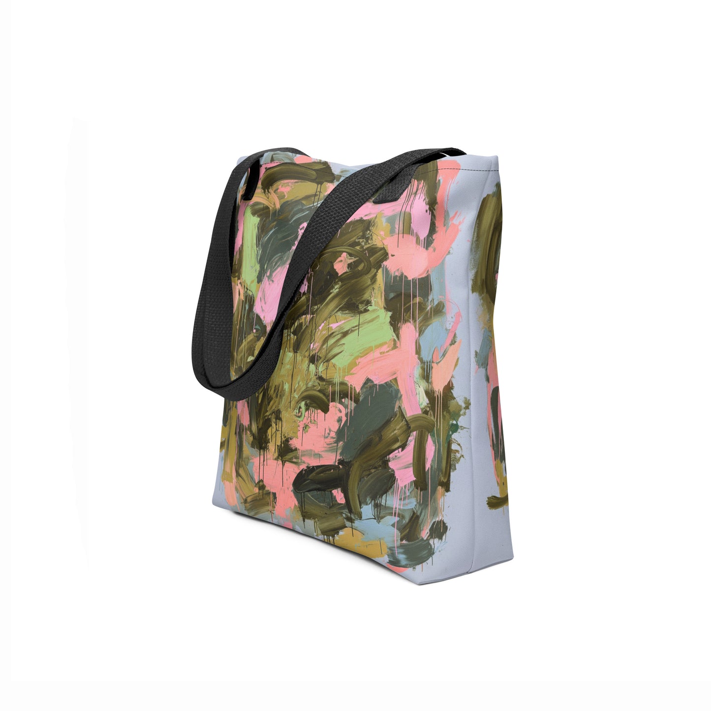 Stylish tote bag with abstract olive green and blush brushstrokes, perfect for art and nature lovers.