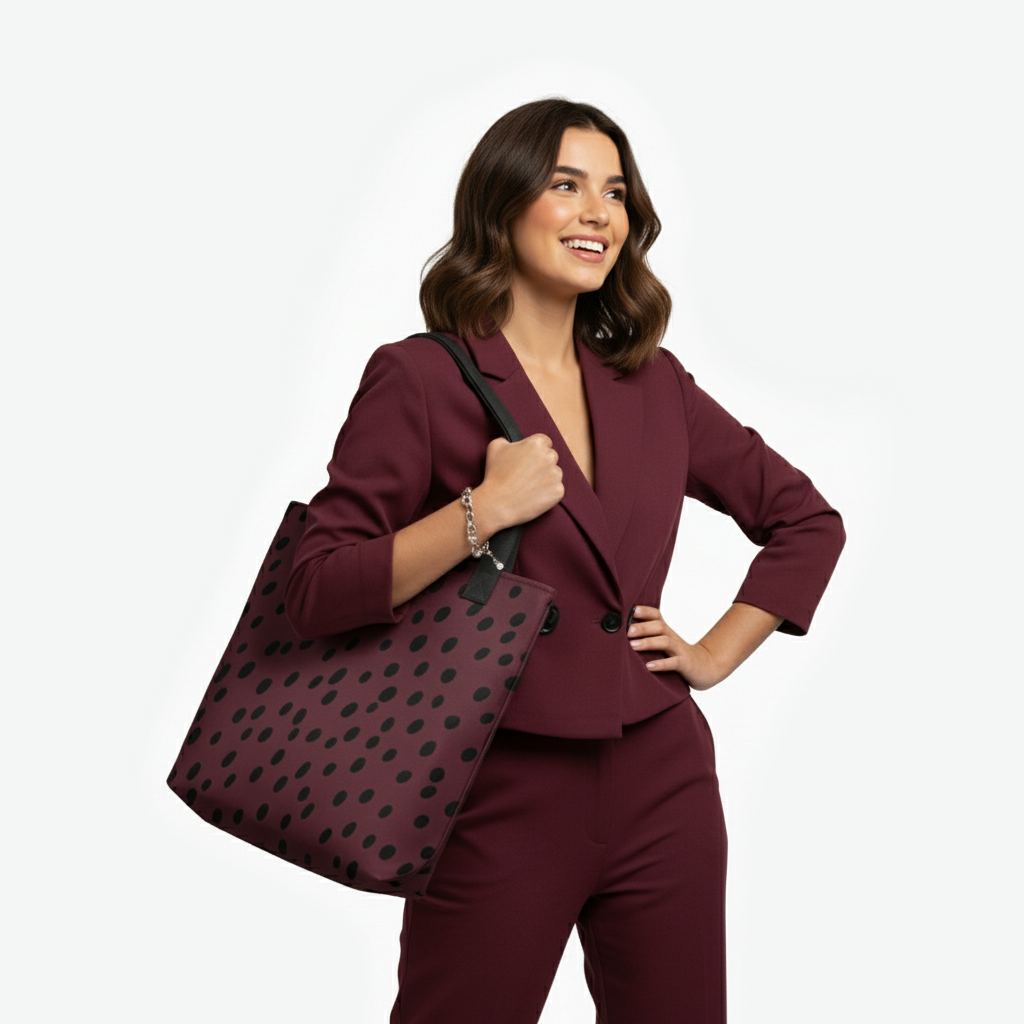 Woman carrying burgundy tote bag with black abstract dots by TASHAU.