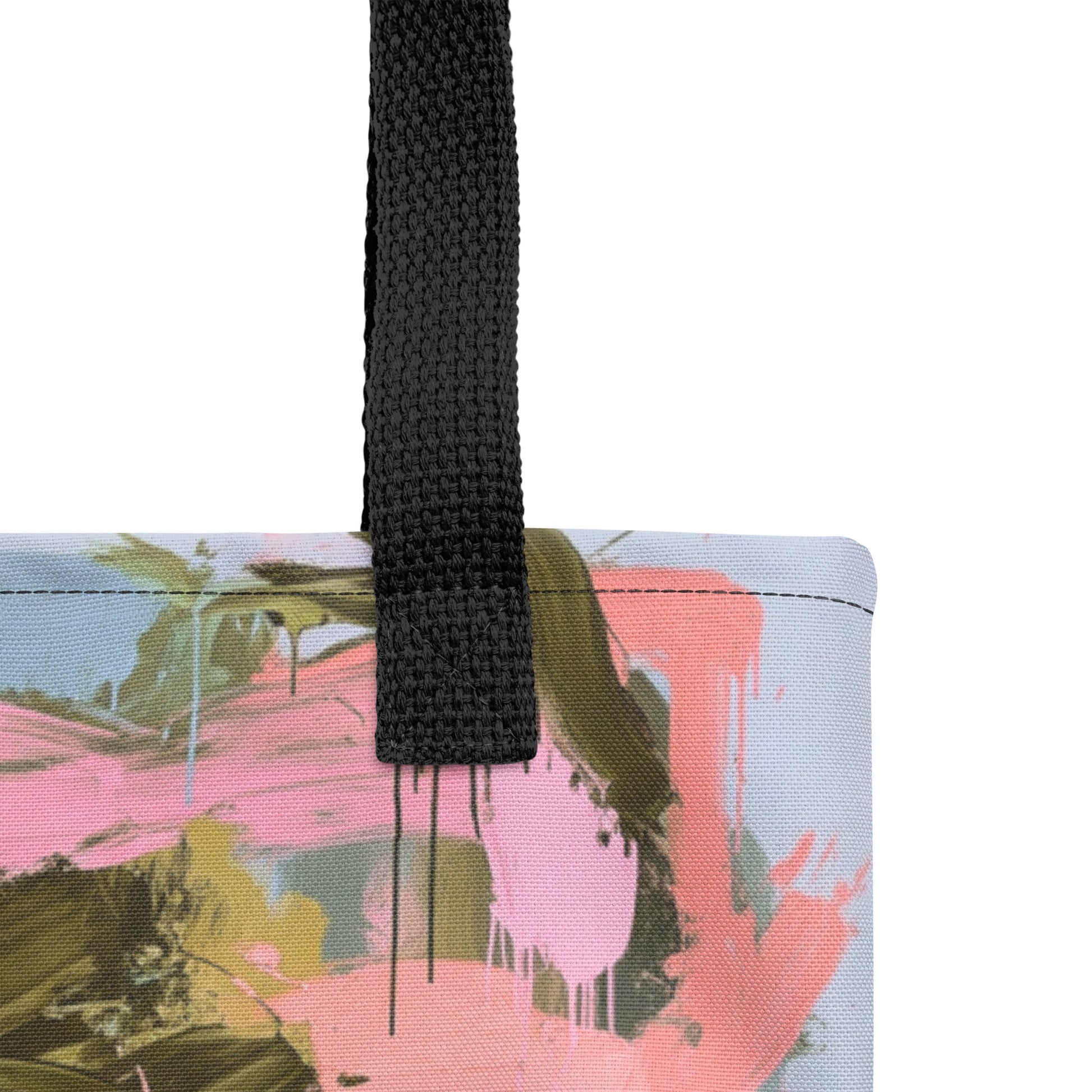 Sustainable tote bag featuring the Botanic Brush abstract design in green and blush tones.
