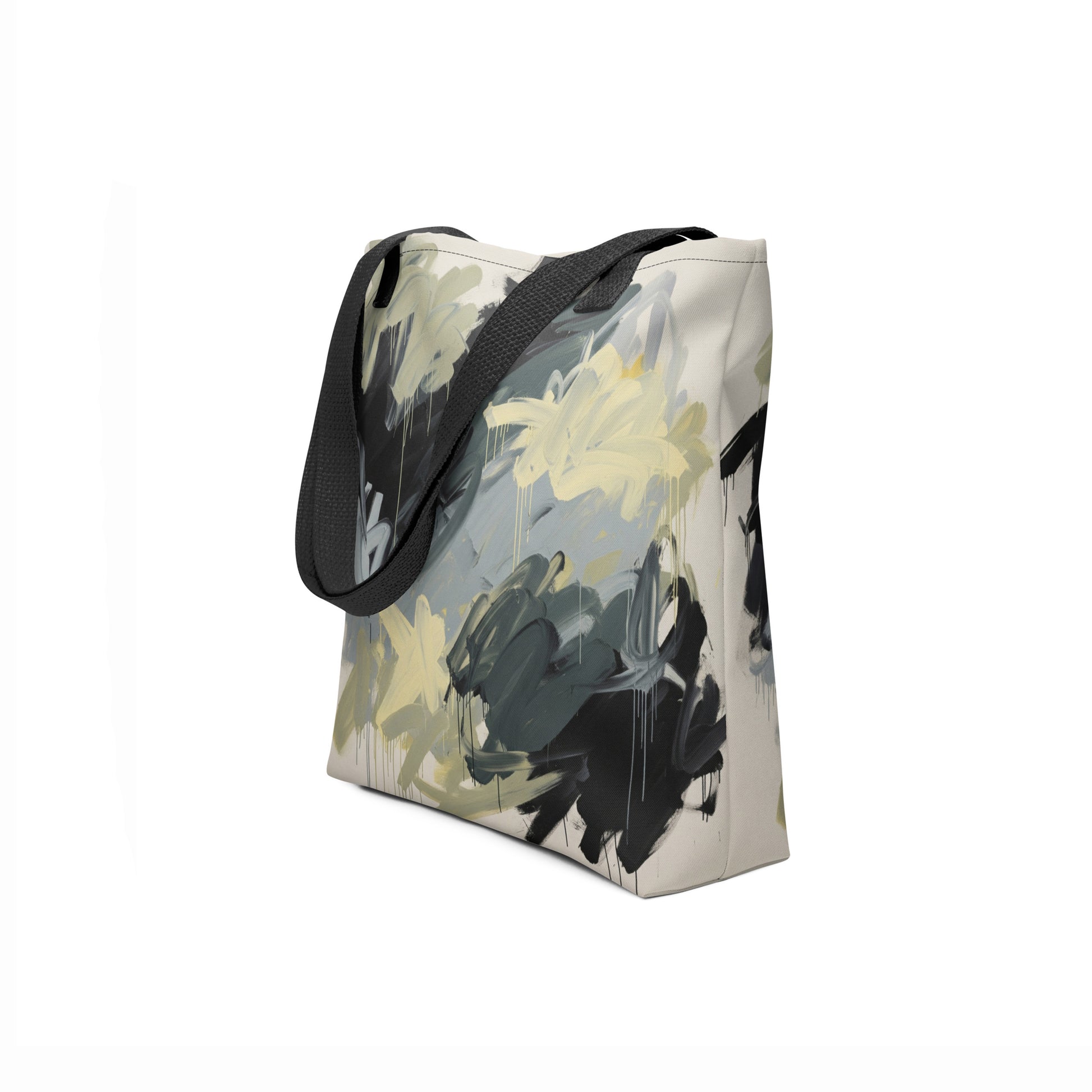Side-view of TASHAU Star Brush Tote Bag with abstract pattern.
