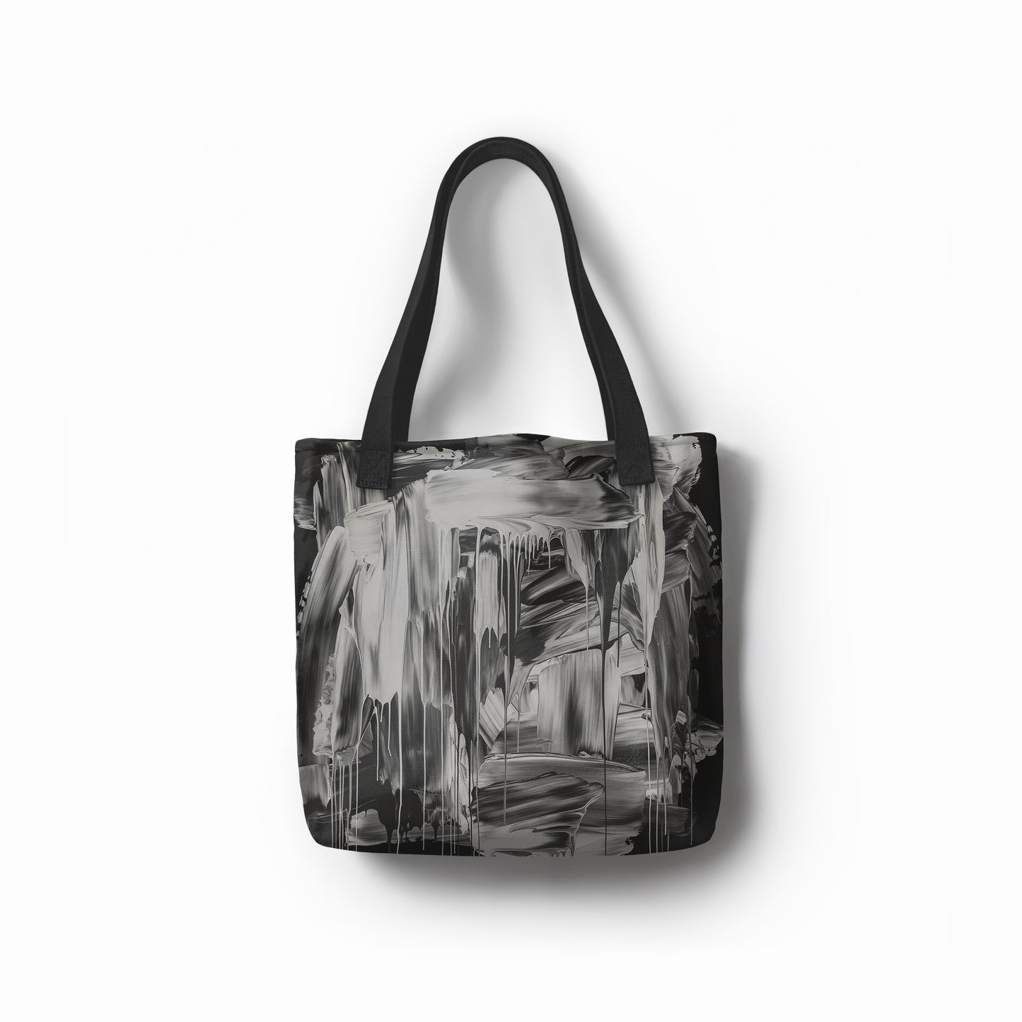 Front view of artistic tote bag in black and silver gray with abstract brushstroke design by TASHAU.