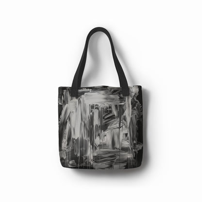Front view of artistic tote bag in black and silver gray with abstract brushstroke design by TASHAU.