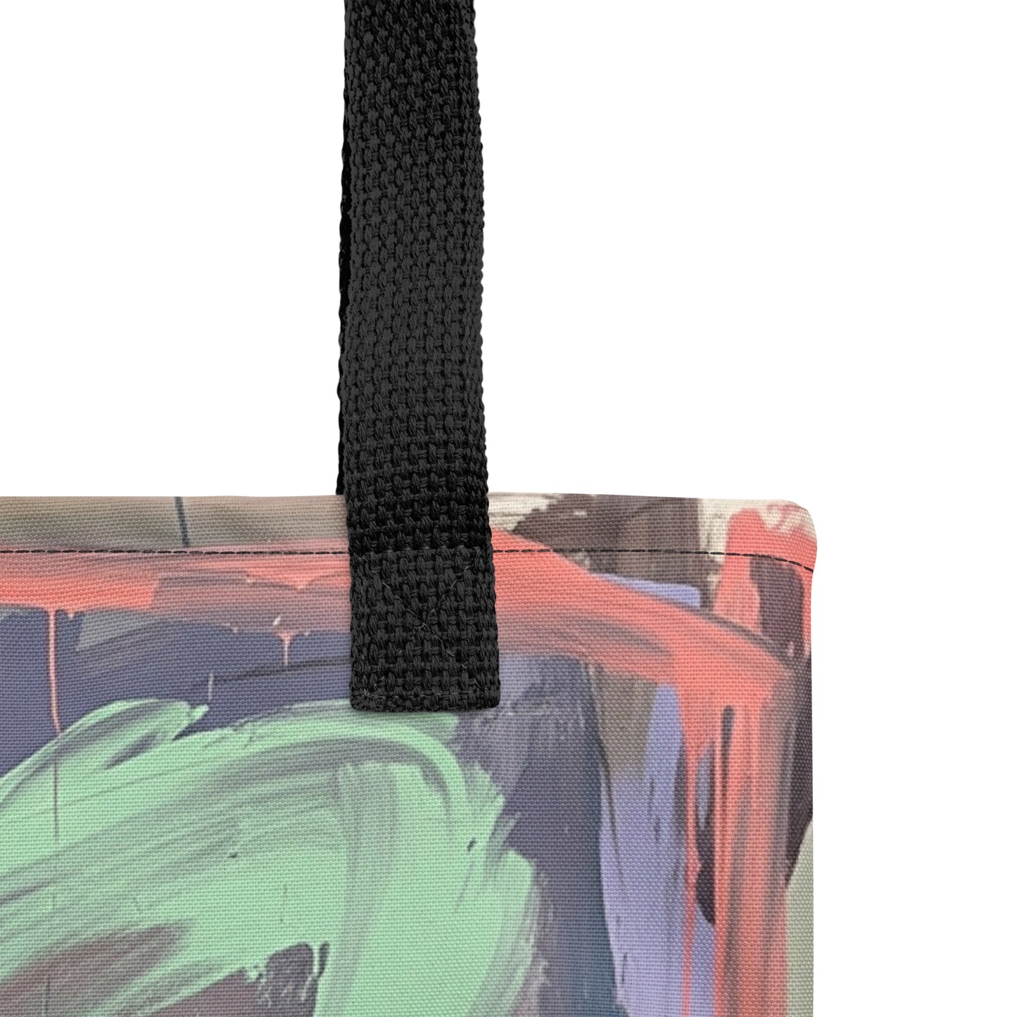 Close-up of TASHAU Nesting Starling tote showing lilac fabric and olive brushstroke details.