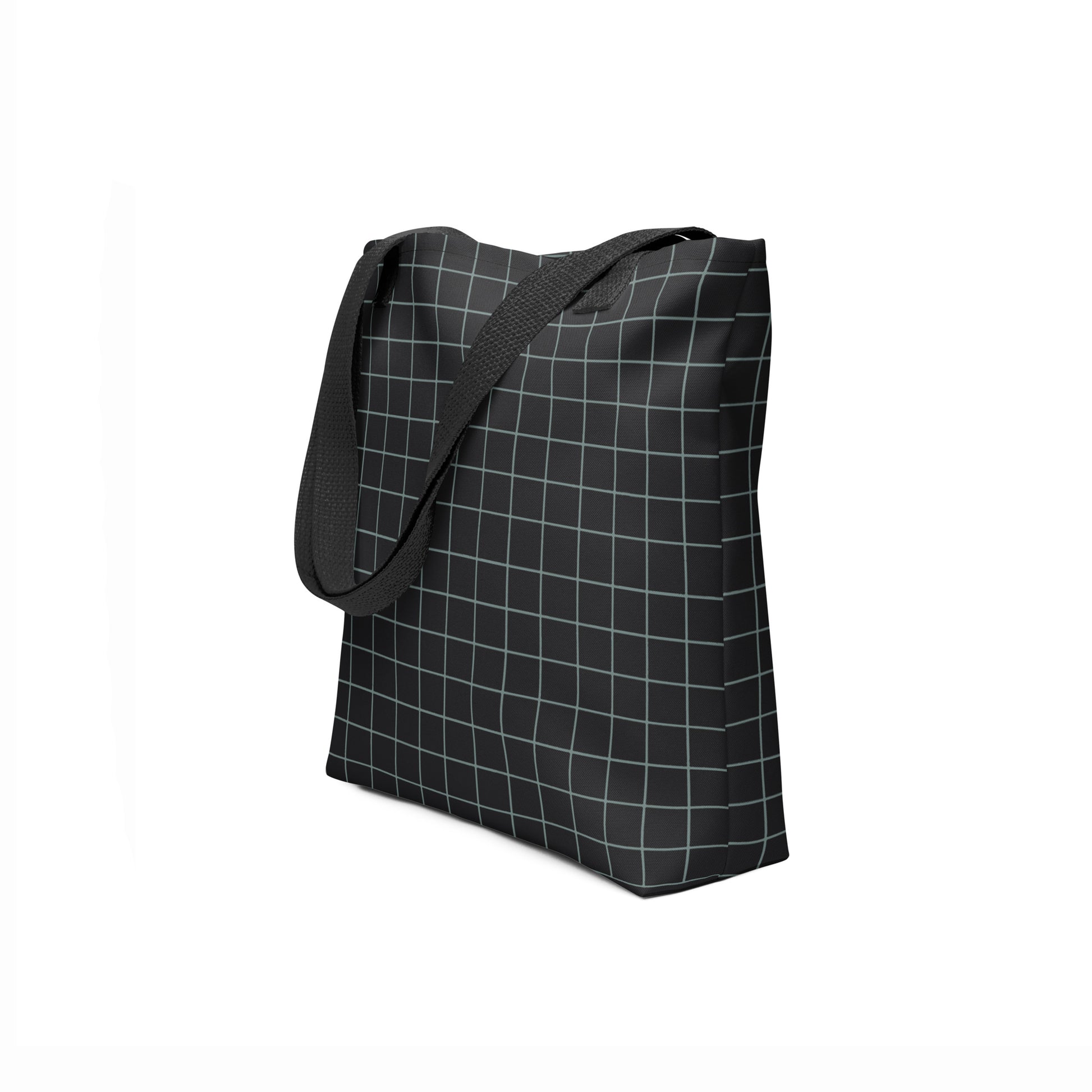 Modern carryall bag in black with fine blue geometric pattern by TASHAU.