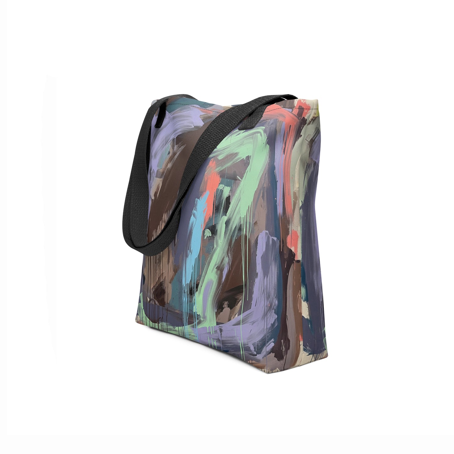 Side view of TASHAU eco canvas tote in lilac and olive abstract brushstroke design.