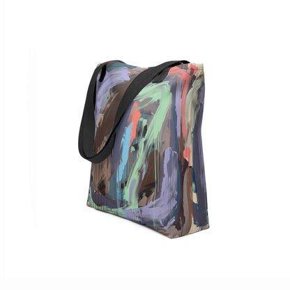 Side view of TASHAU eco canvas tote in lilac and olive abstract brushstroke design.