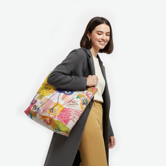 Woman carrying the PLAYGROUND DREAMS tote bag with multicolor doodle-inspired design in sunshine yellow and pink tones by TASHAU.
