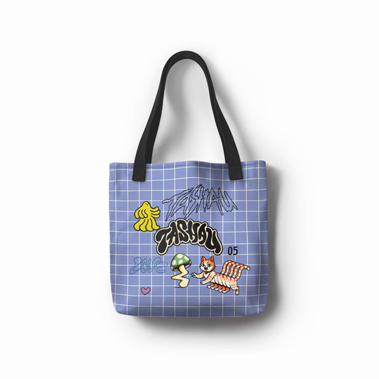 Blue grid tote bag with retro art and playful cat illustration by TASHAU.
