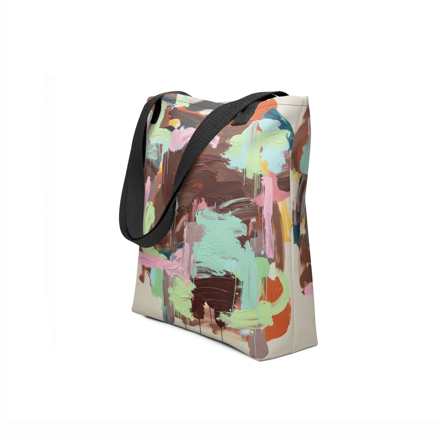 Side angle of a Multicolored abstract patterned bag with a black strap on a white background by TASHAU.