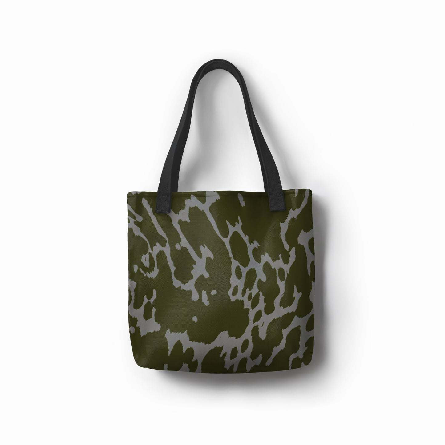 Top view of TASHAU Urban Mirage tote, eco-friendly canvas in olive and gray camouflage print.