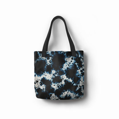 Durable eco-friendly TASHAU tote bag in black, blue, and white.