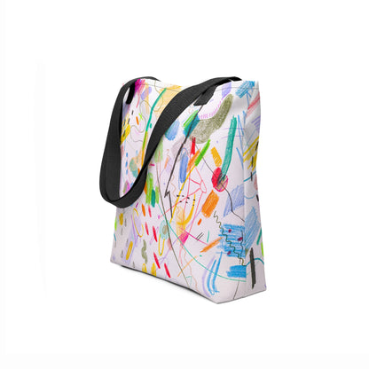 Side view of TASHAU Joyful Jumble tote bag in eco-friendly canvas with colorful print.