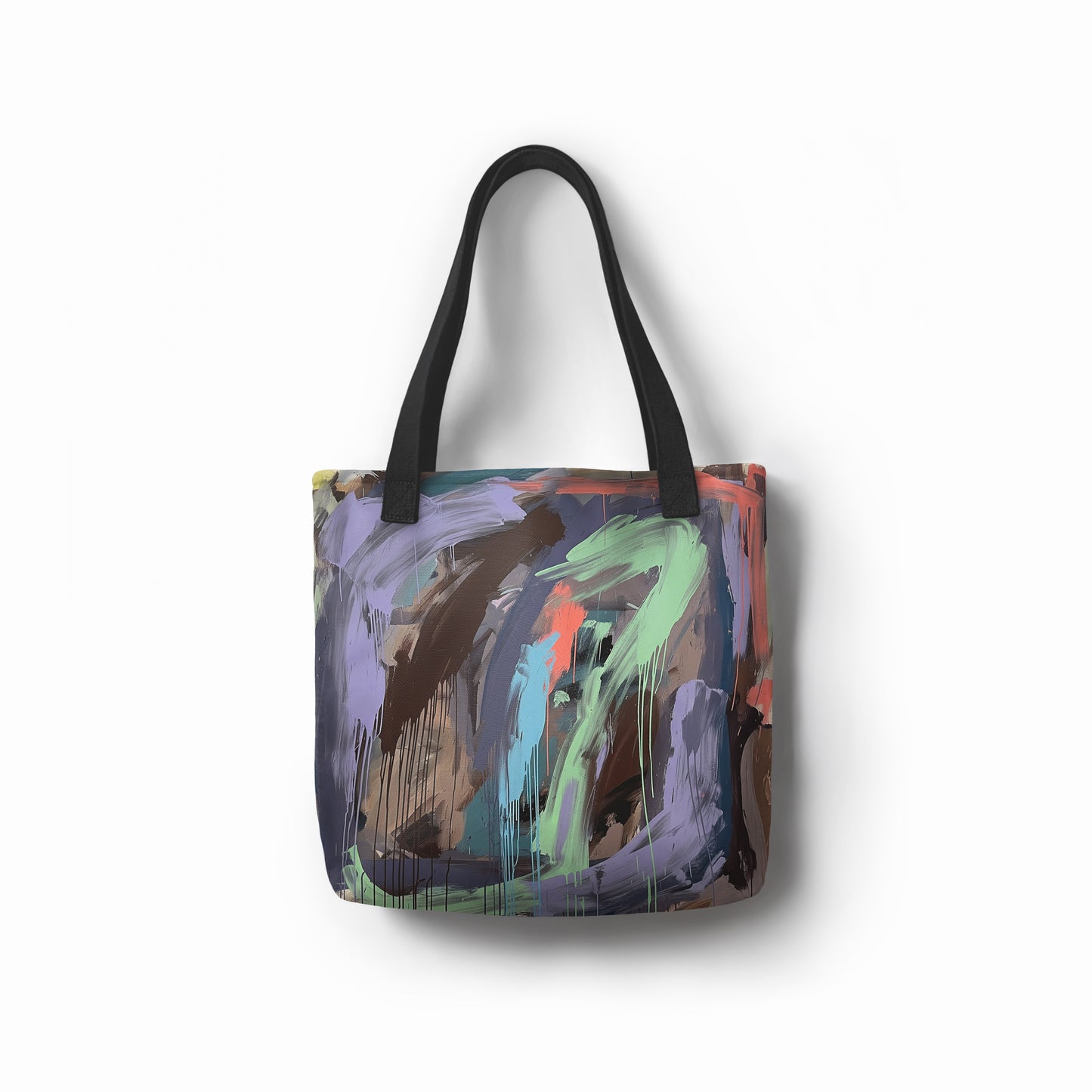 Tote bag with abstract lilac olive multicolor design on a white background by TASHAU.