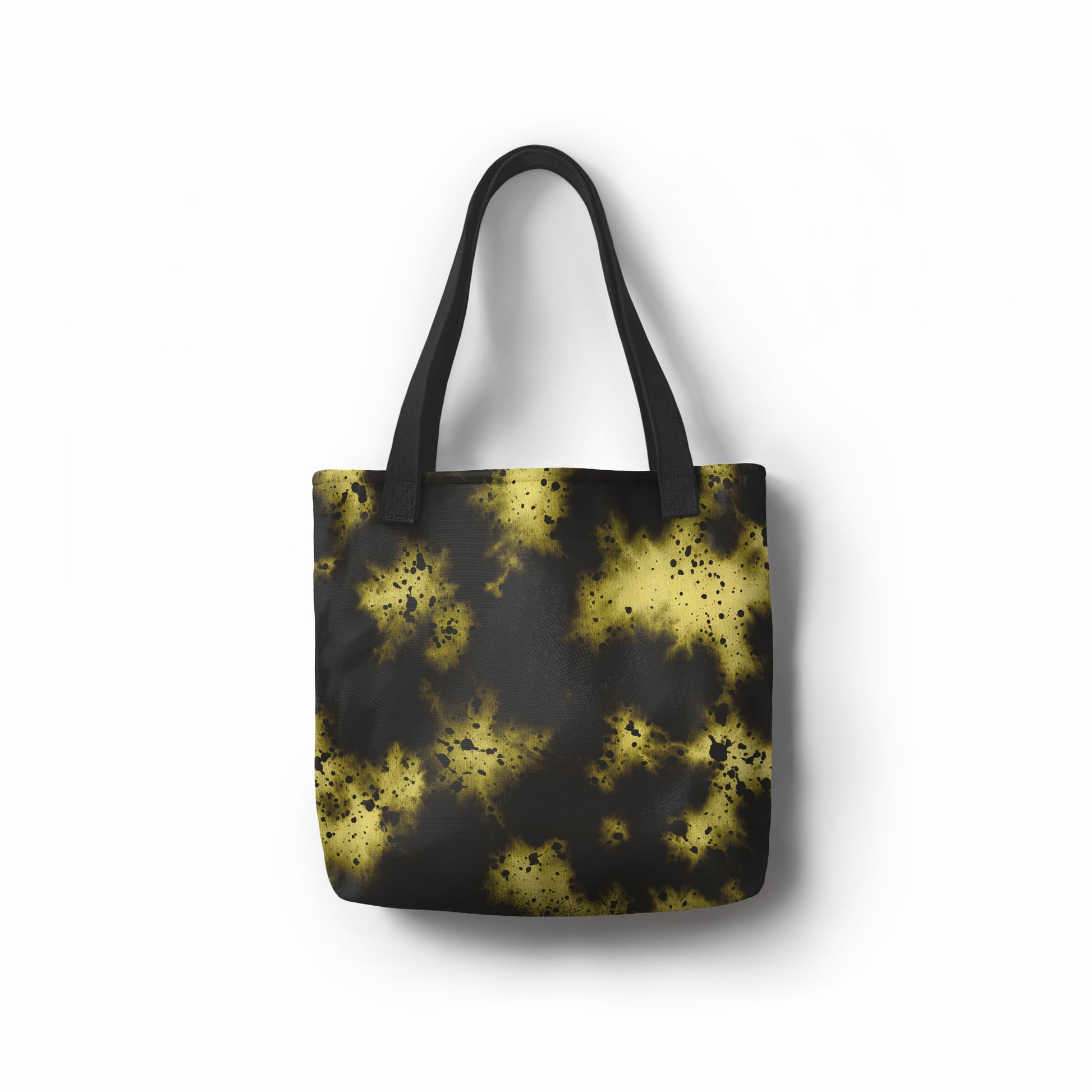 Durable eco-friendly canvas shopper tote with glowing yellow and black splatter print.