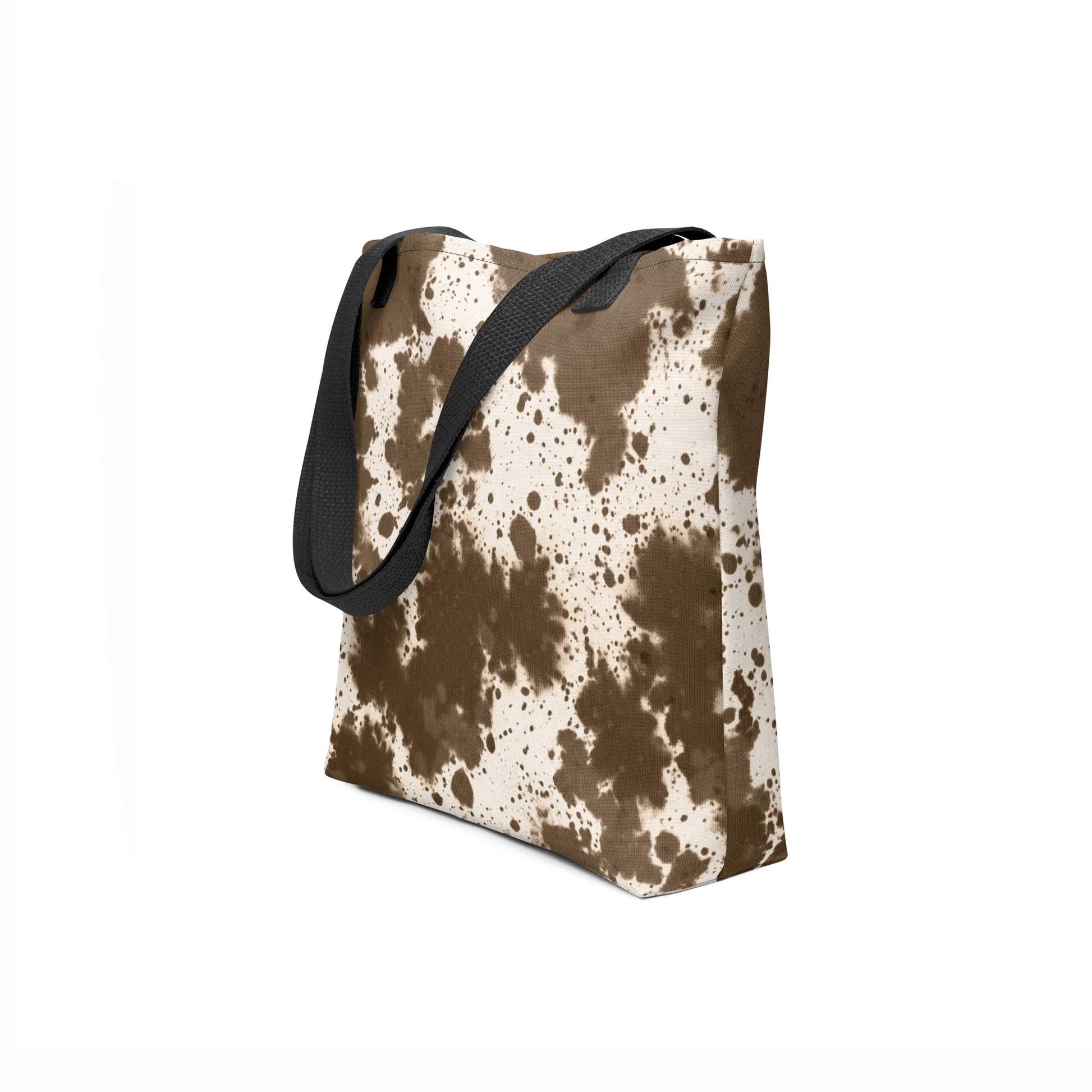 Designer artistic tote bag with rustic brown pattern on beige base on white background by TASHAU.