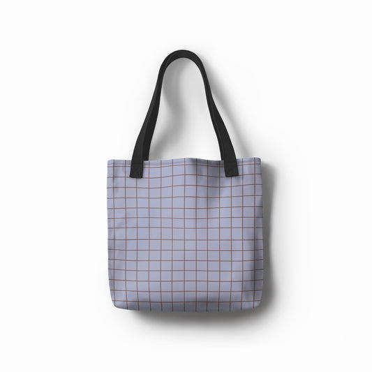 Minimalist canvas bag in lilac with brown grid pattern by TASHAU.