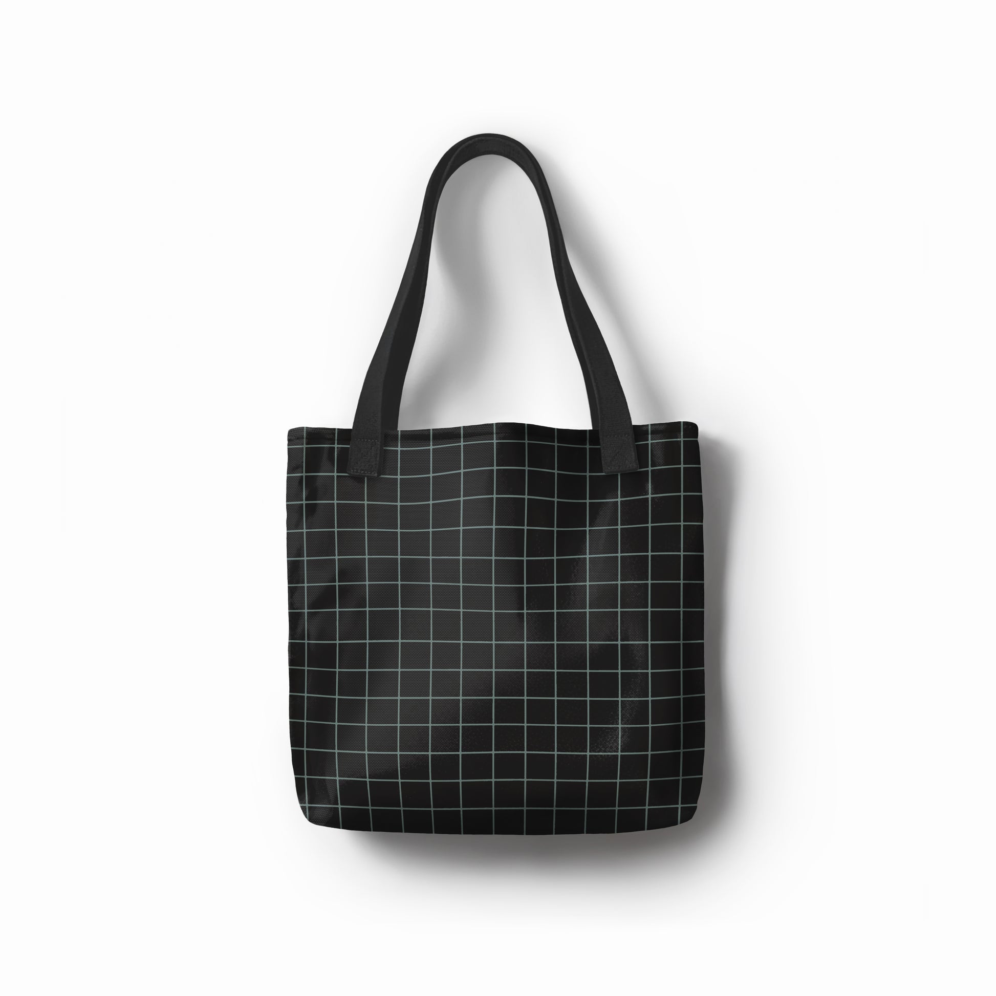 Black tote bag with blue grid lines by TASHAU.