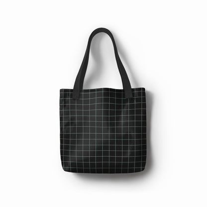 Black tote bag with blue grid lines by TASHAU.