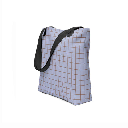Eco-friendly carryall in soft lilac canvas with modern brown lines.