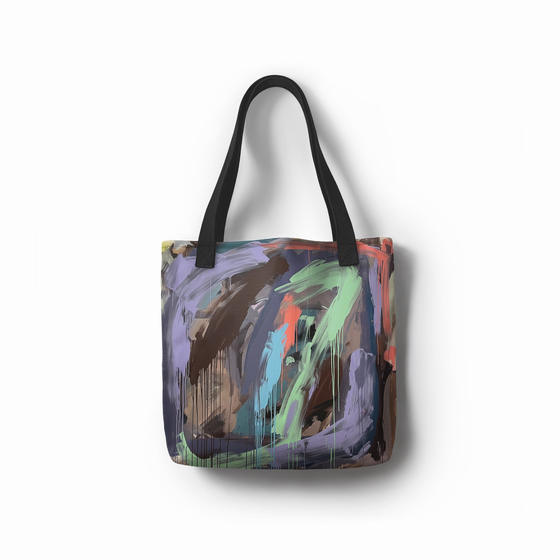Front view of TASHAU Nesting Starling tote bag in lilac with olive brushstroke pattern.