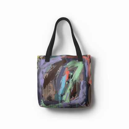 Front view of TASHAU Nesting Starling tote bag in lilac with olive brushstroke pattern.