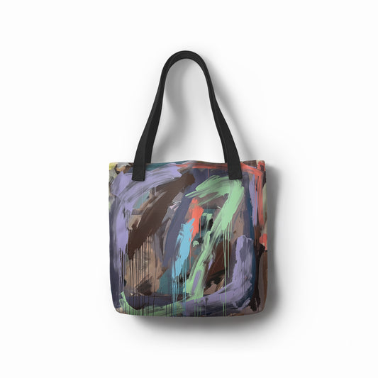 Front view of TASHAU Nesting Starling tote bag in lilac with olive brushstroke pattern.