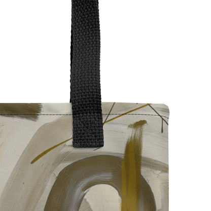 Close-up of a tote bag with neutral gray and olive green brush patterns designed by TASHAU.