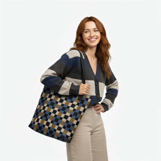 Woman carrying the TASHAU Royal Mosaic Tote Bag with blue and gold checkered pattern.