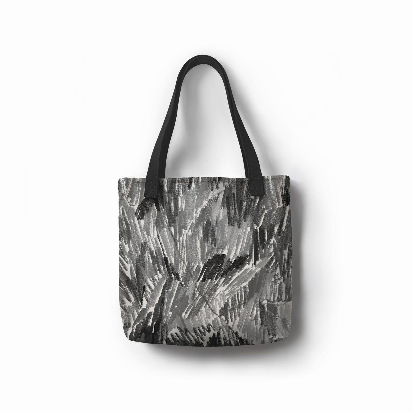 Eco-friendly grey tote bag with abstract charcoal brushstroke design by TASHAU.