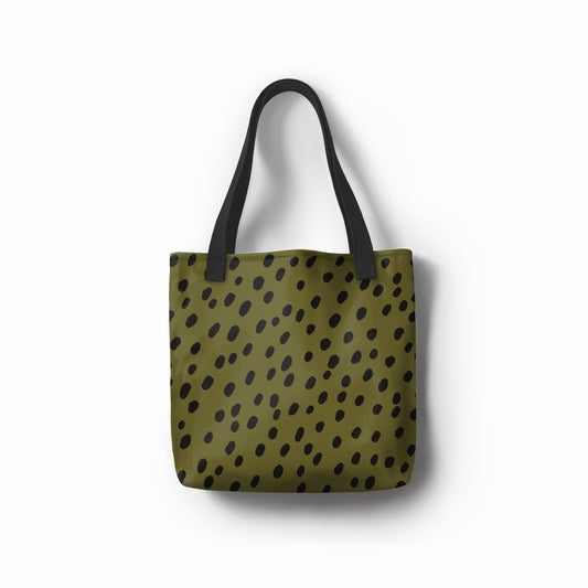 Front view of TASHAU Wild Spot tote bag in olive green with black spots.