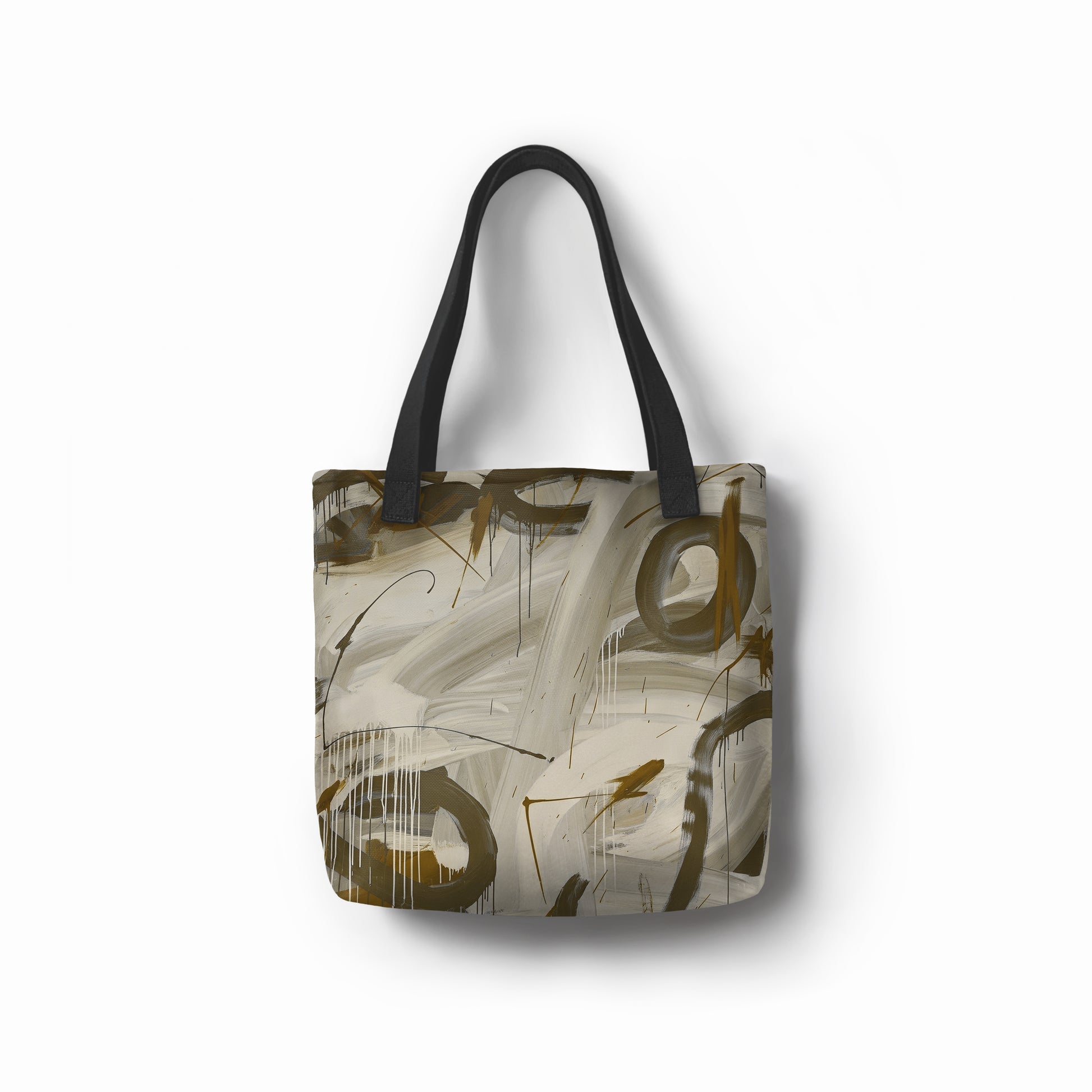Artistic tote bag featuring olive green accents on a stone-gray background with bold brushstroke details by TASHAU.