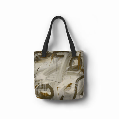 Artistic tote bag featuring olive green accents on a stone-gray background with bold brushstroke details by TASHAU.