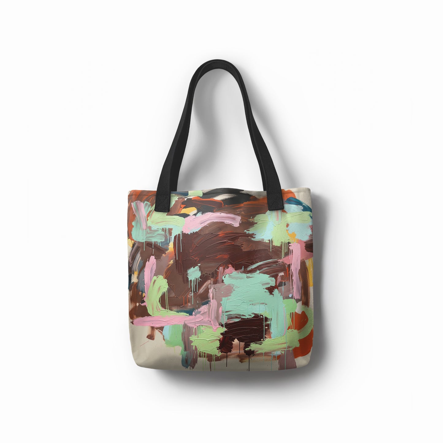 Front view of Aurora Brush tote bag featuring abstract brushstroke design in mint green, blush pink, and brown.