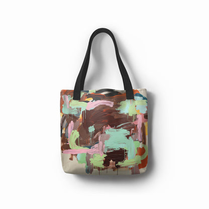 Front view of Aurora Brush tote bag featuring abstract brushstroke design in mint green, blush pink, and brown.