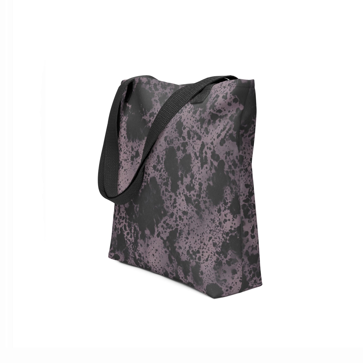 Unique designer tote bag with artistic stonewashed black and purple ash pattern.