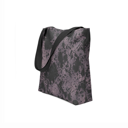 Unique designer tote bag with artistic stonewashed black and purple ash pattern.