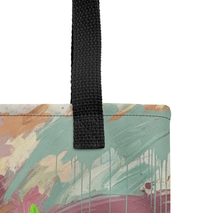 Close-up of mint and brown Cheerful Brush tote bag highlighting texture and stitching designed by TASHAU.