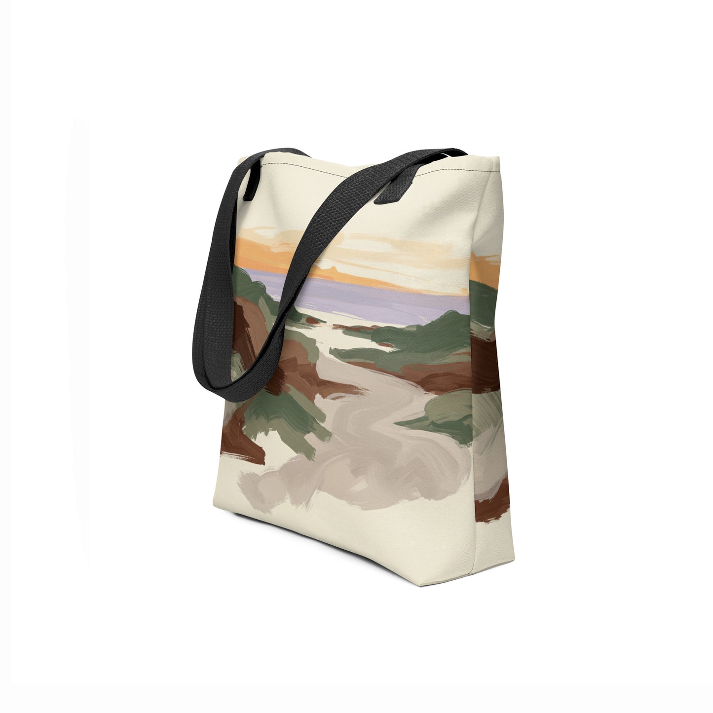 Eco-style tote bag painted with beige sand tones, soft greens, and earthy browns by TASHAU.