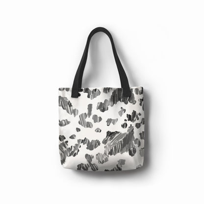 Eco-friendly canvas tote featuring monochrome spotted ink-style print by TASHAU.