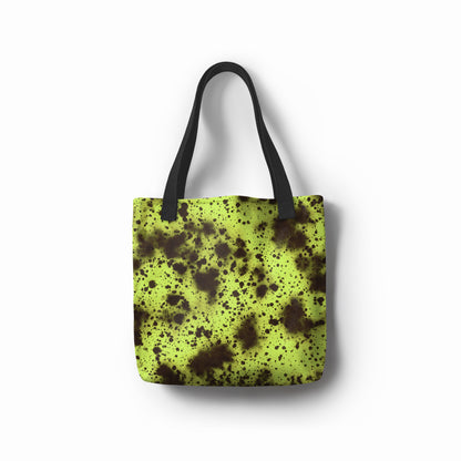 Front view of artistic tote bag in neon green and black, eco-friendly durable canvas shopper by TASHAU.